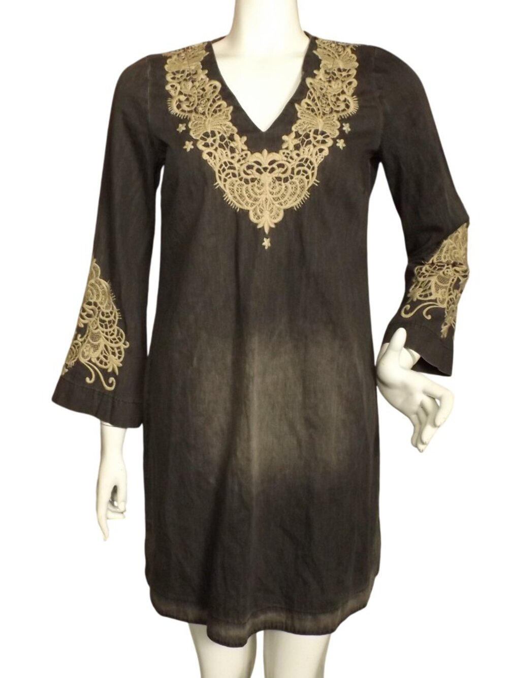 JOHNNY WAS JADE Denim Dress, S, Mini/Short, 3/4 Trumpet Sleeve, Embroidered